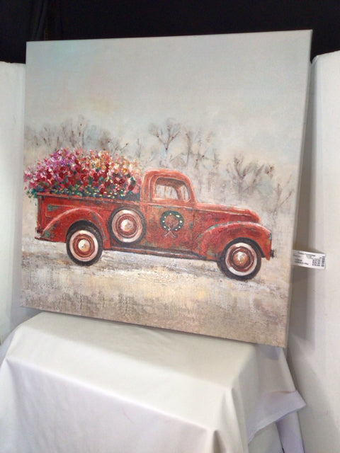 Red/Multi Stretched Canvas Truck Flowers Holiday Item