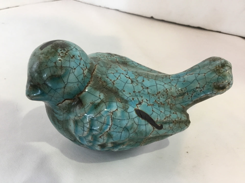 Rustic Turquoise Ceramic Bird Crackle Figurine
