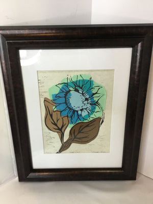 Signed Brown/Aqua Flower Numbered Framed Art