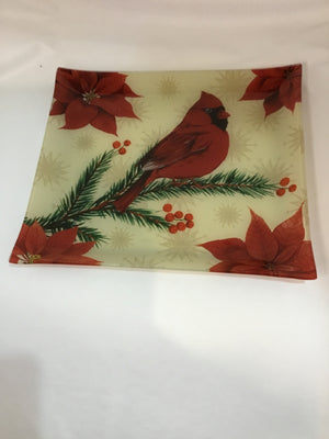 Plate Cream/Red Glass Cardinal Holiday Item