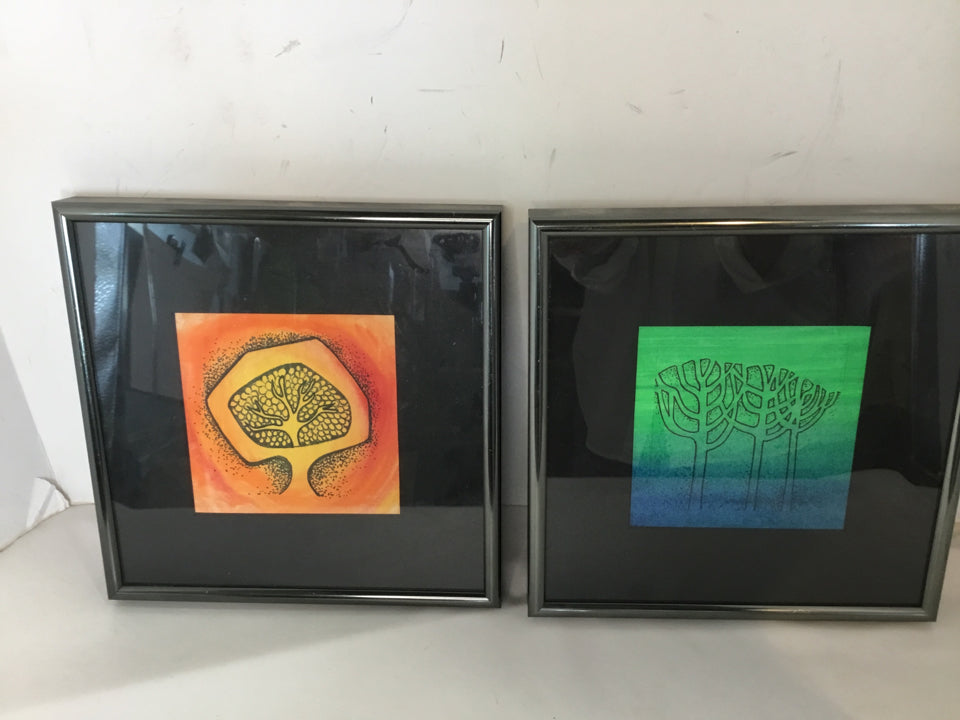 Pair Orange/Green Trees Framed Art