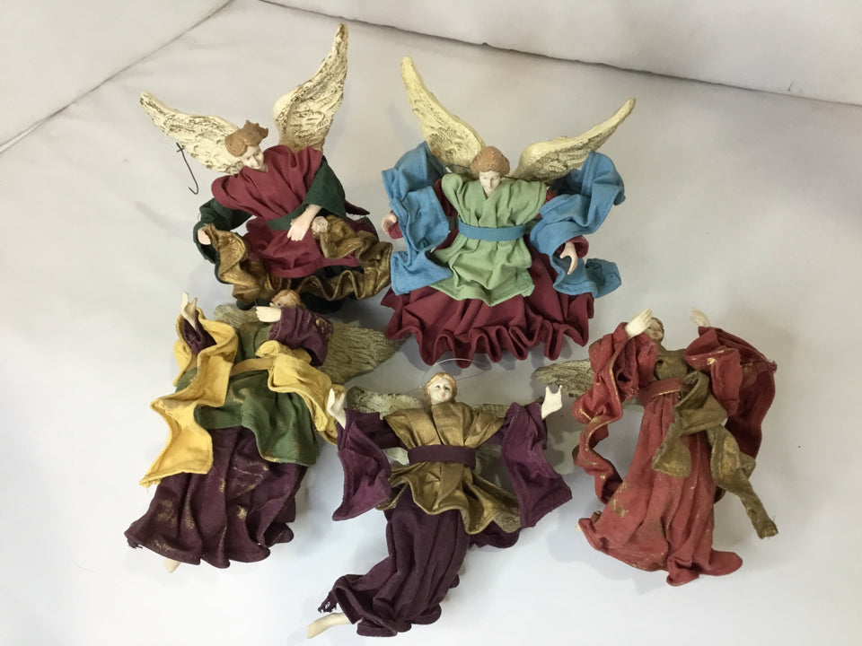 Set of 5 Multi-Color Paper Mache Angels Ornaments Holiday Item