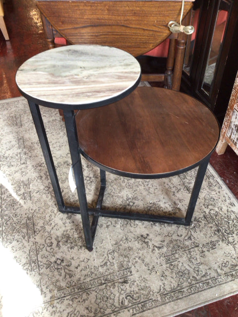 Side Wood/Metal Marble Top Tiered Black/Gray Table