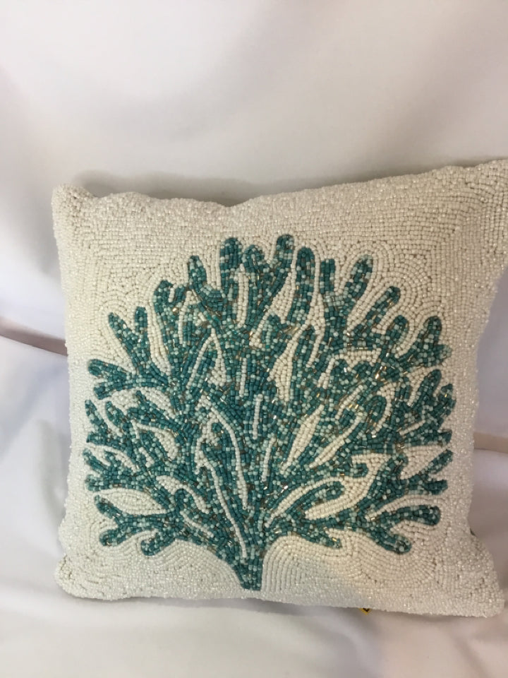 Throw Turquoise & White Beaded Tree Pillow