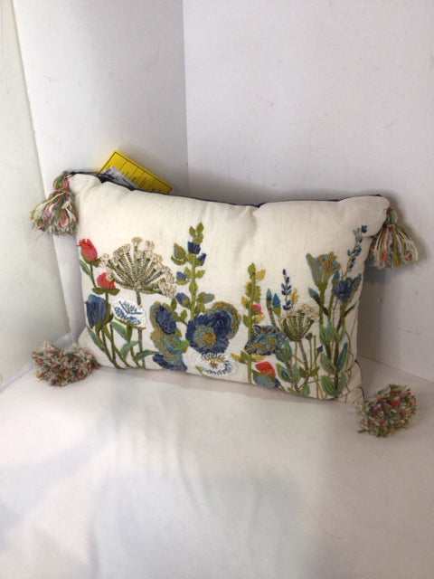 White/Blue Crewel Flower Pillow