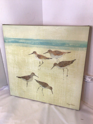 Signed Yellow/Blue Birds Beach Stretch Canvas Art