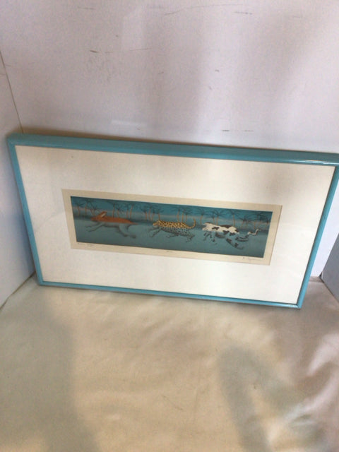 Signed Blue/Multi Dogs Framed Art