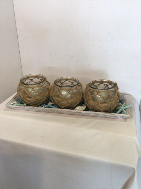 Tan/Blue In Tray Beach Candleholder(s)