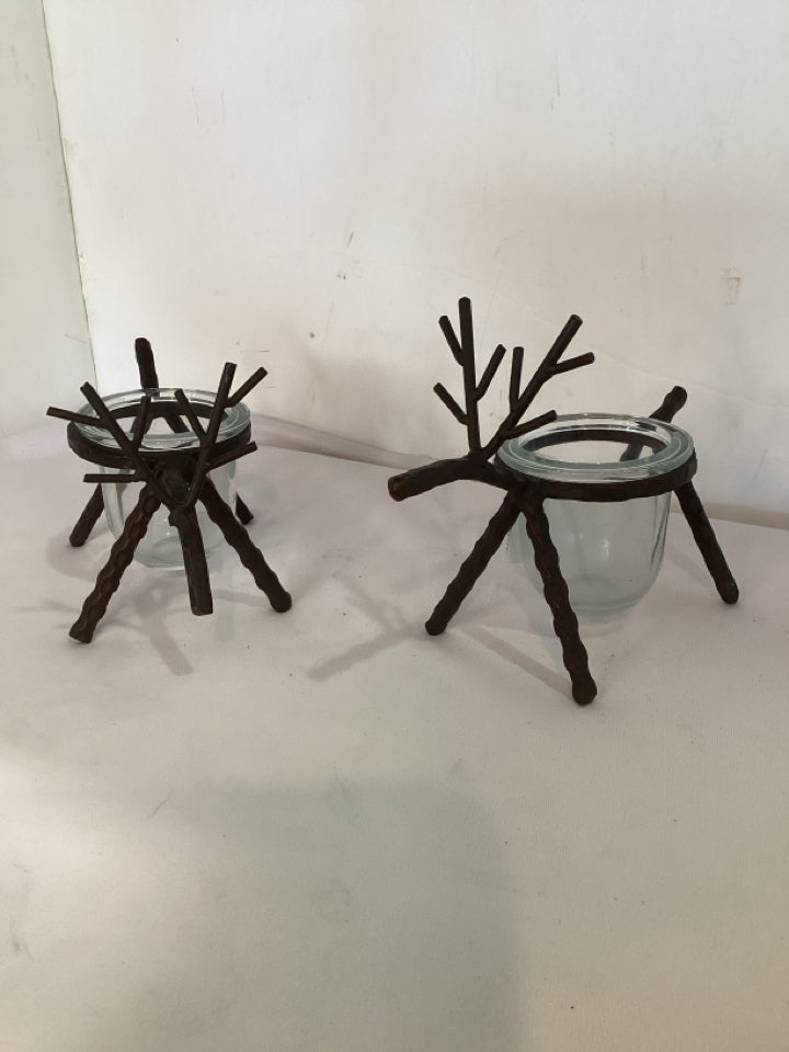 Candle Holder Brown Metal Pair Reindeer Holiday Item
