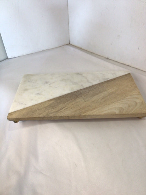 White/Brown Marble/Wood Rectangle Serving Dish