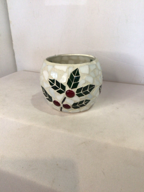 Candle Holder White Stained Glass Holly Holiday Item