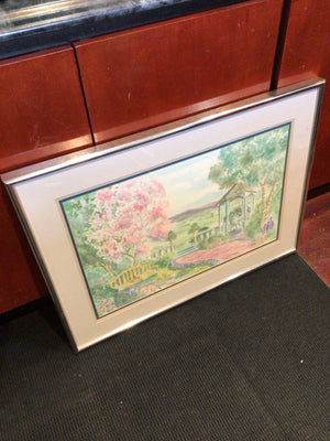 Signed Green/Pink Water Color Garden Gazebo Framed Art