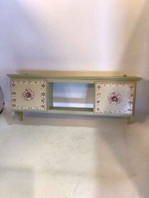 Wall Hanging Green/Red Wood 2 Drawers Hand-Painted Shelf