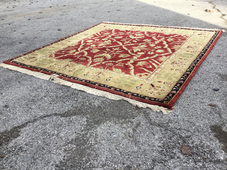 Area Wool Square Gold/Burgundy Rug