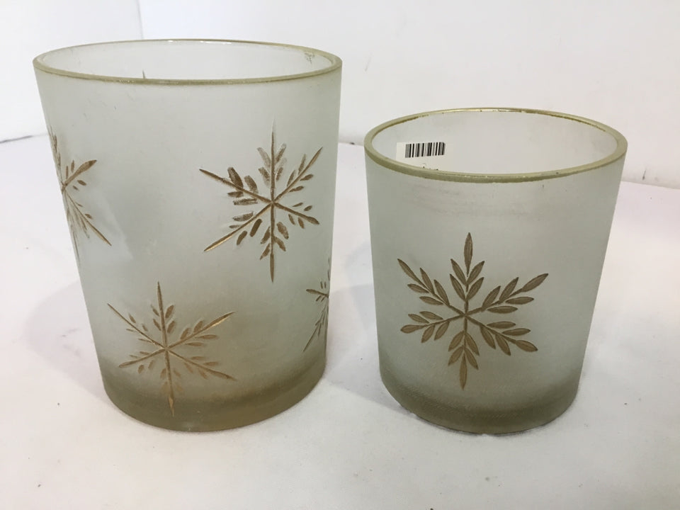 Christmas White/Gold Frosted Glass Candle Holder Pair Holiday Item