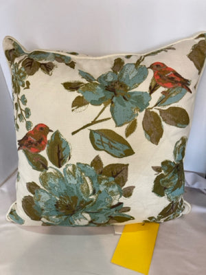 Down Cream/Blue Polyester Birds Floral Pillow