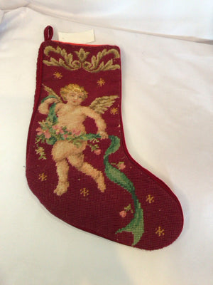 Vintage Stocking Red Needlepoint Angel Holiday Item