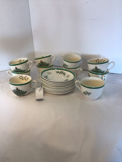 Spode Christmas Set of 10 White/Green Ceramic Christmas Tree Cup/Saucer