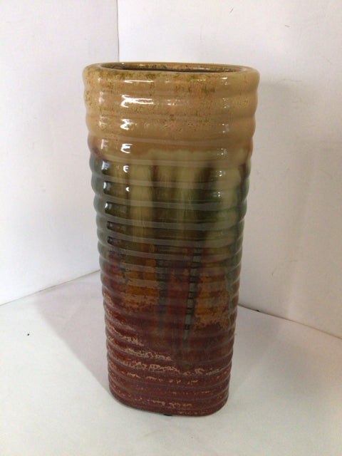 Red/Tan Ceramic Ribbed Vase