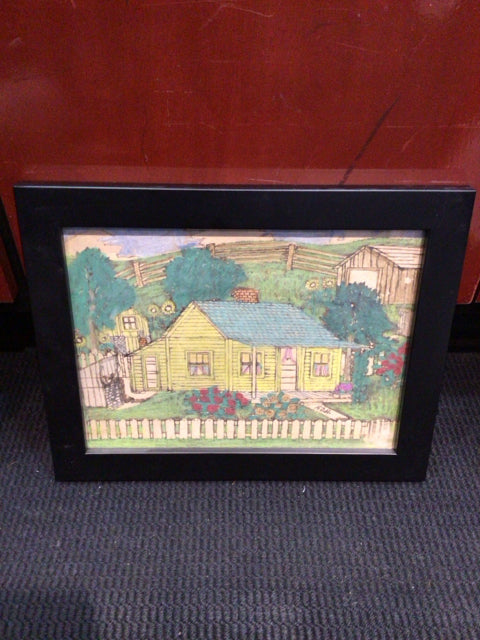 Drawing Green/Yellow Cabin Framed Art