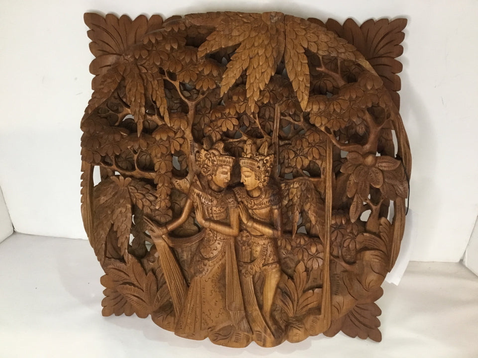 Thailand Wood Buddha Carved Brown Wall Decoration Art