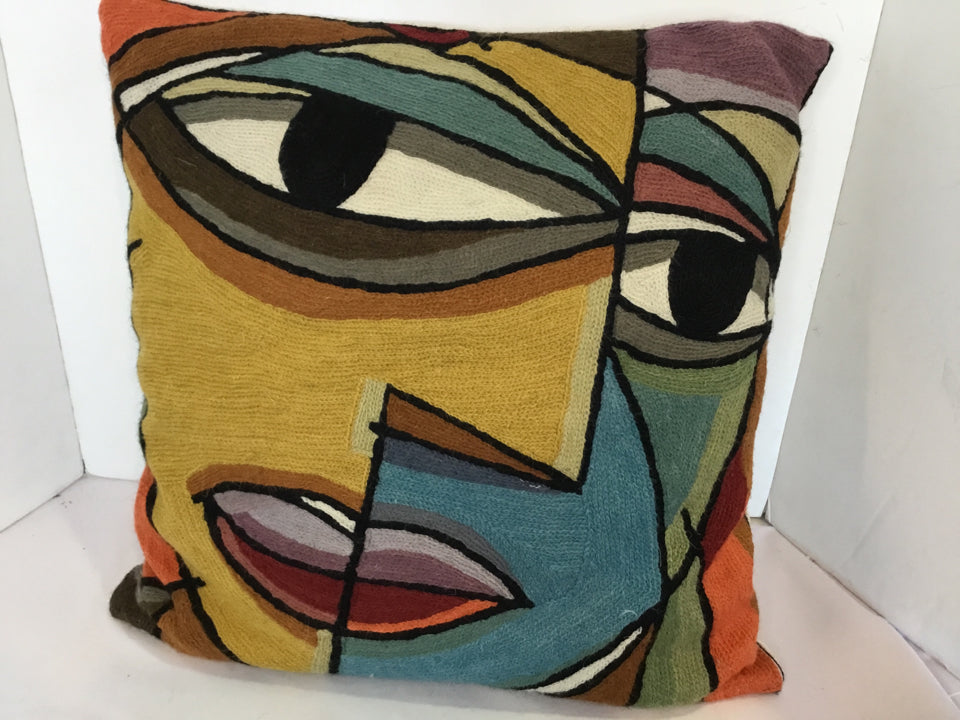 Multi-Color Cotton Embroidered Abstract Face Pillow
