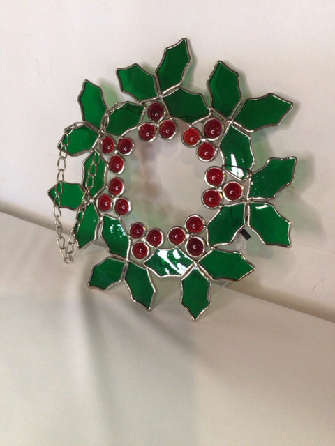 Green/Red Stained Glass Wreath Holiday Item