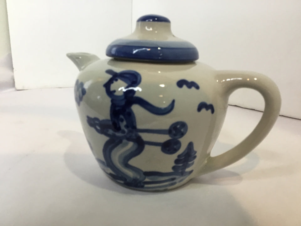 M.A. Hadley Gray/blue Stoneware Skiers Teapot