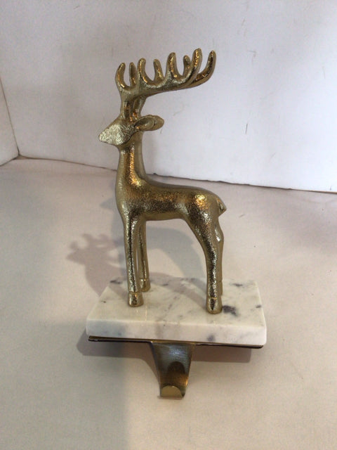 Stocking Hanger Gold/White Metal/Marble Reindeer Holiday Item