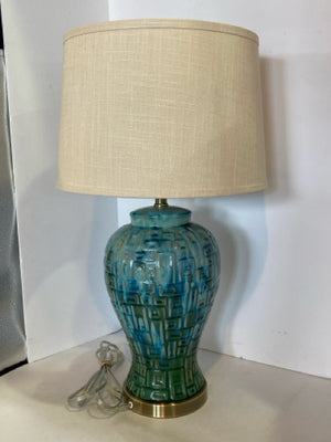 MCM Retro Olive/ Light Blue Ceramic Ginger Jar Reproduction Lamp