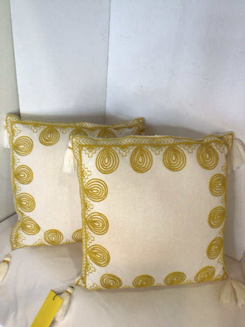 World Market Pair White/Gold Cotton Embroidered Tassel Pillow Set