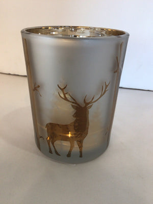 Christmas White/Gold Glass Candle Holder Deer Holiday Item