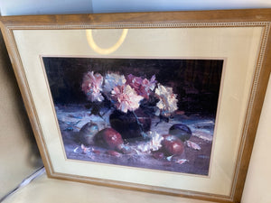 Still Life Pink/Black Flowers Fruit Framed Art