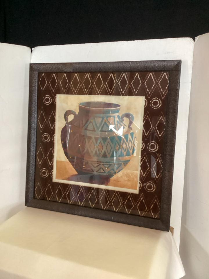 Ethnic Brown/Blue Vase Framed Art