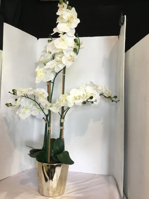 Green/White Orchids In Planter Faux Flowers