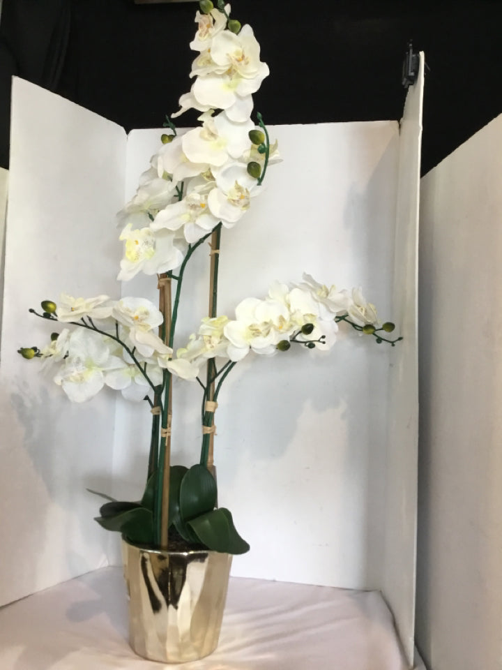 Green/White Orchids In Planter Faux Flowers
