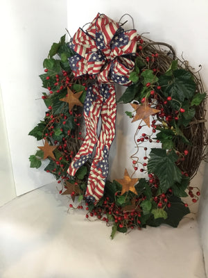 Patriotic Red/White/Blue Grapevine Holly Flag Wreath