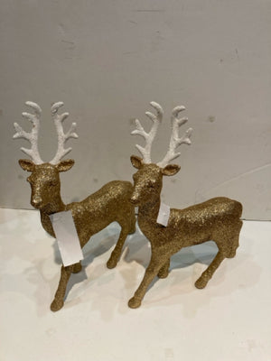 Vintage Glitter Gold/White Plastic Reindeer Set of 2 Holiday Item