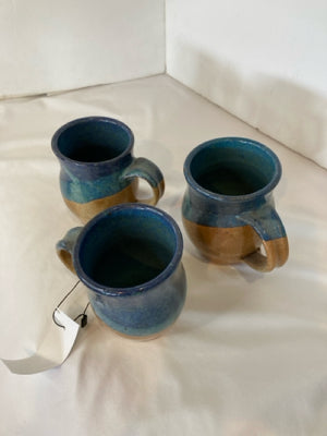 Set of 3 Blue/Brown Pottery Mug Set