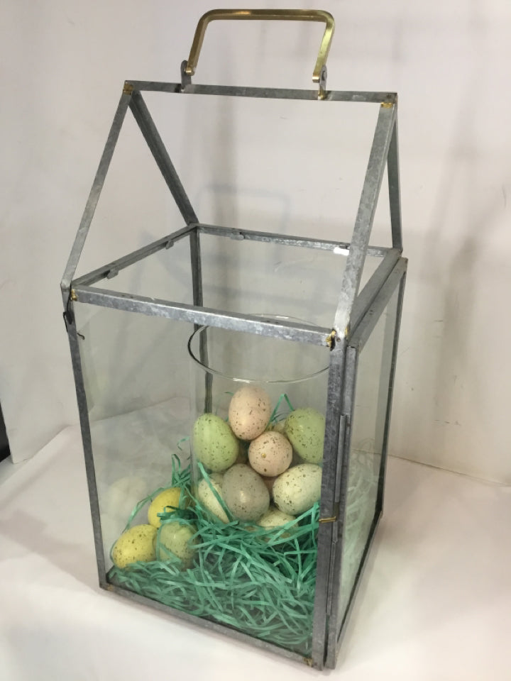 Easter Silver/Green Metal/Glass Eggs Lantern