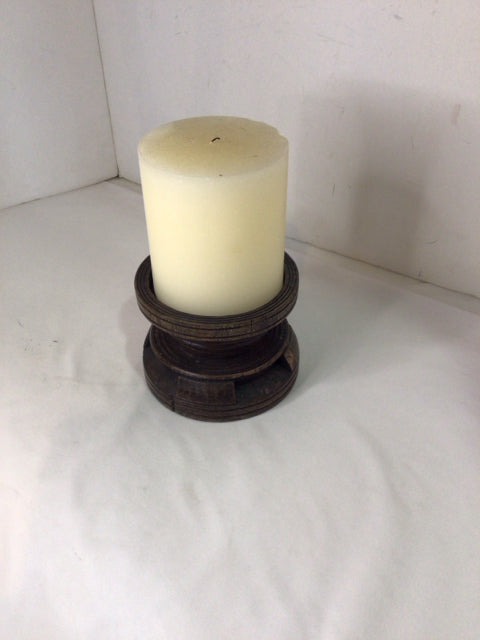 Brown/Cream Wood w/candle Round Candle Holder