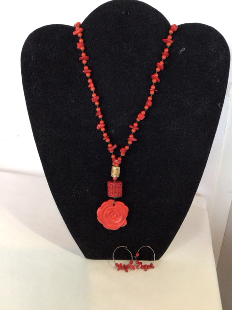 Coral Red Carved Shell Necklace Set