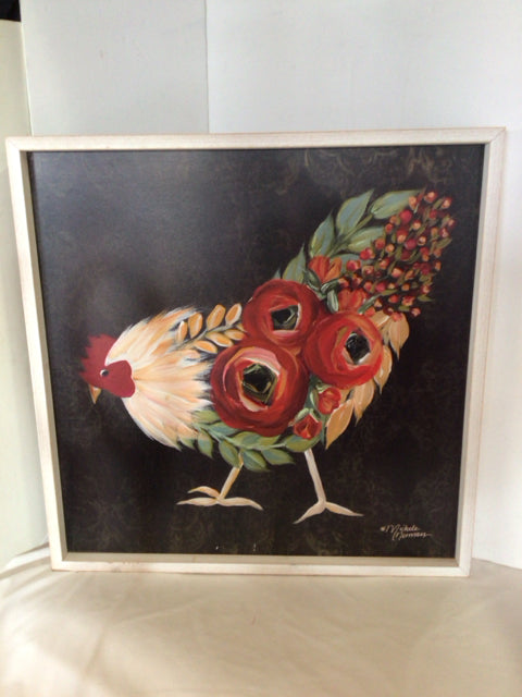 Signed Multi-Color Botanicals Rooster Framed Art