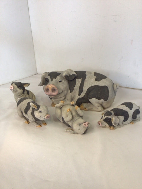 Set of 5 Gray/White Stoneware Pig Family Figurine