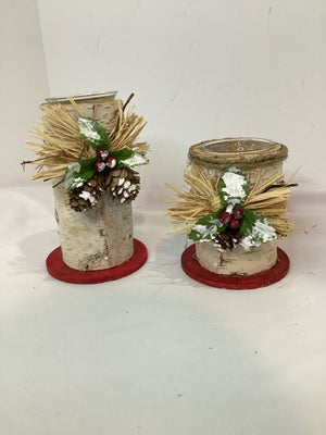 Candle Holder Red/white Birch Holly Pair Holiday Item