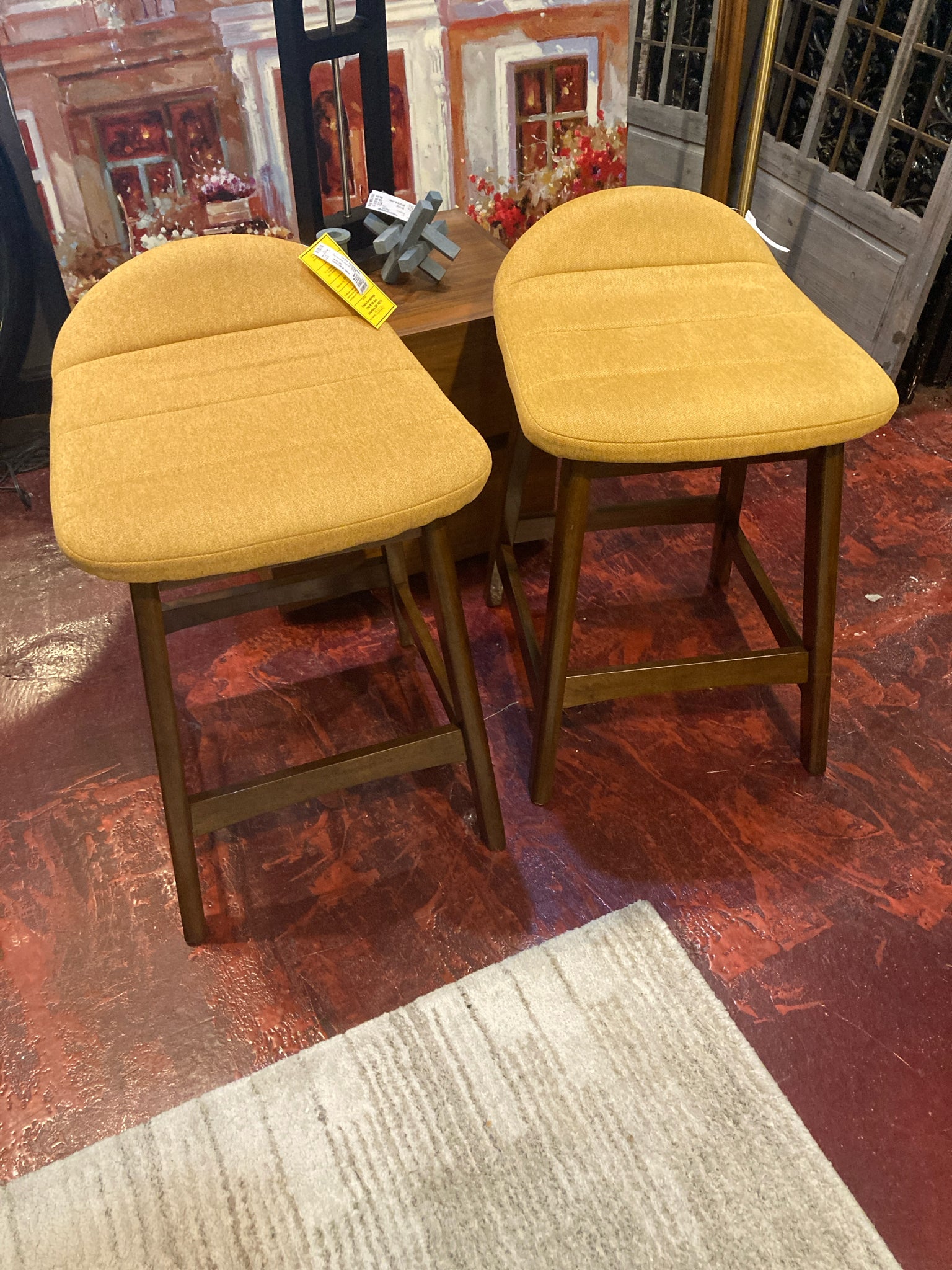 Pair Wood Upholstered Seat Brown/Gold Barstool/Bar Stool