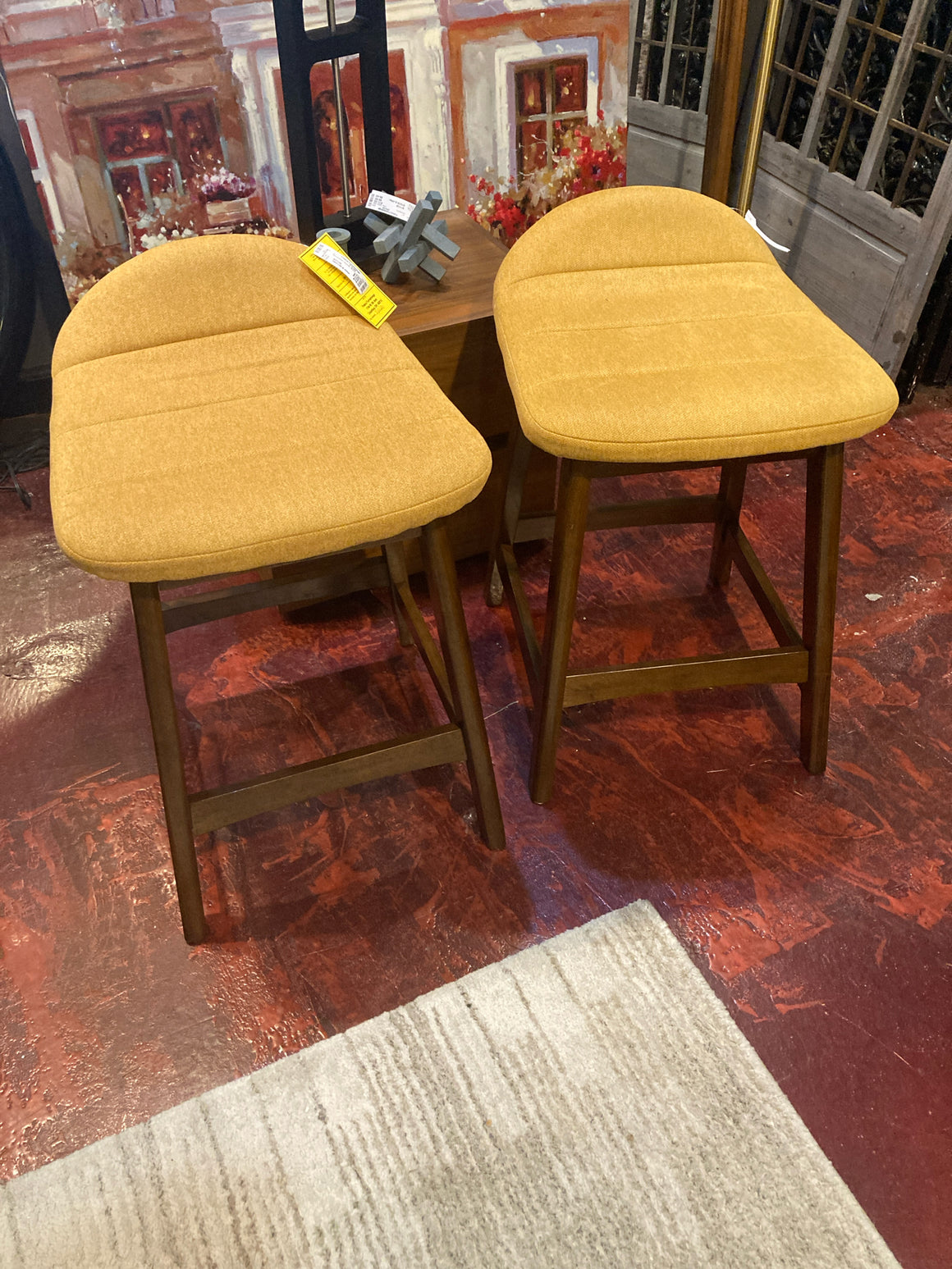 Pair Wood Upholstered Seat Brown/Gold Barstool/Bar Stool