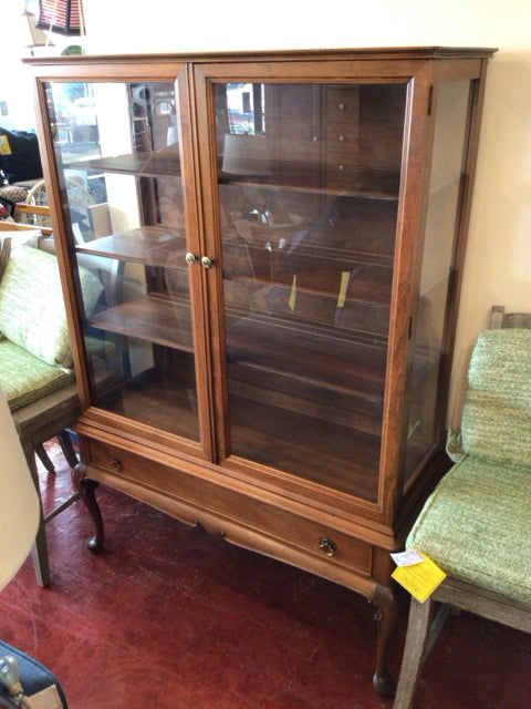Vintage Brown Wood Glass Front Drawer Cabinet