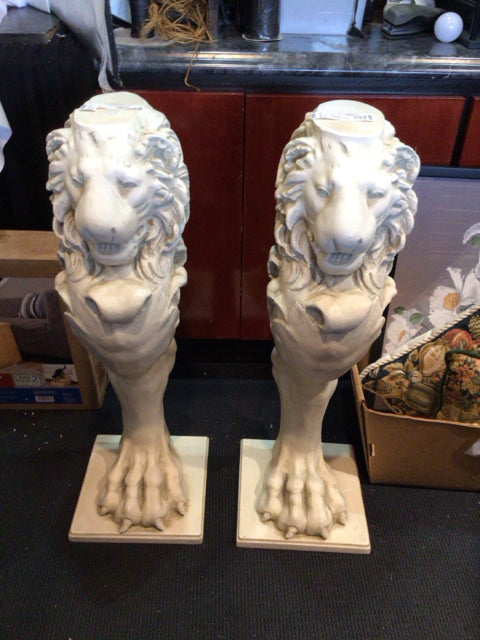 Pair White Plaster Lion Pedestal