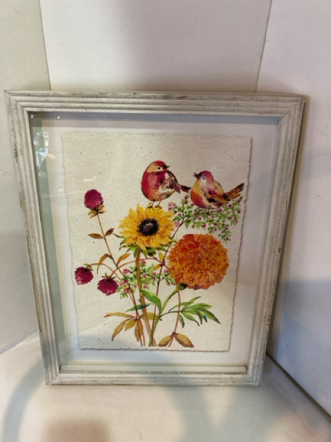 White/Multi Birds Flowers Framed Art